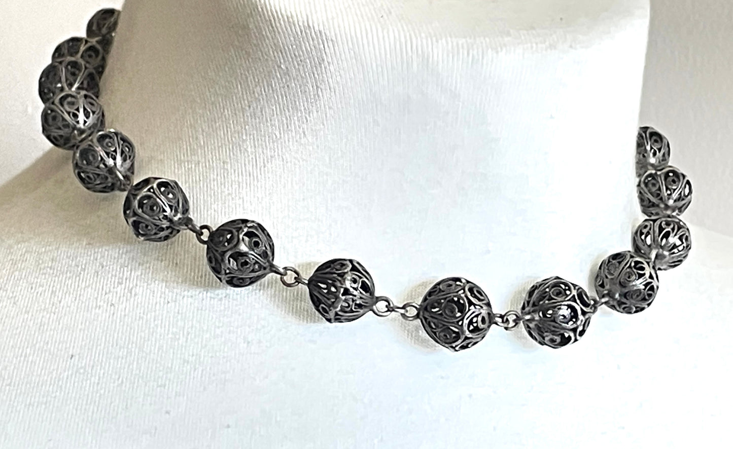 Antique sterling silver (tested) filigree bead choker necklace, 29 grams