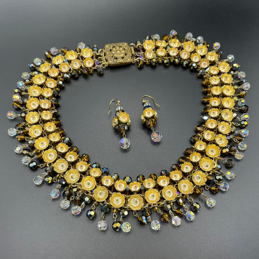 Vintage Francoise Montague necklace & earrings set demi-parure, unusual gold tone cup beads with crystals, clear and brown glass fringes