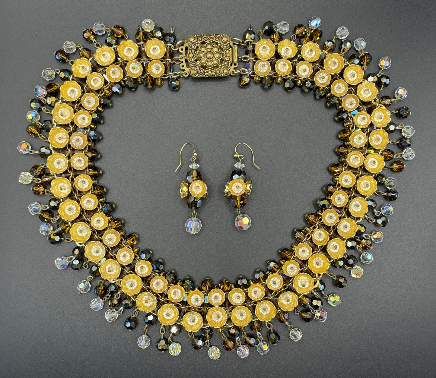 Vintage Francoise Montague necklace & earrings set demi-parure, unusual gold tone cup beads with crystals, clear and brown glass fringes