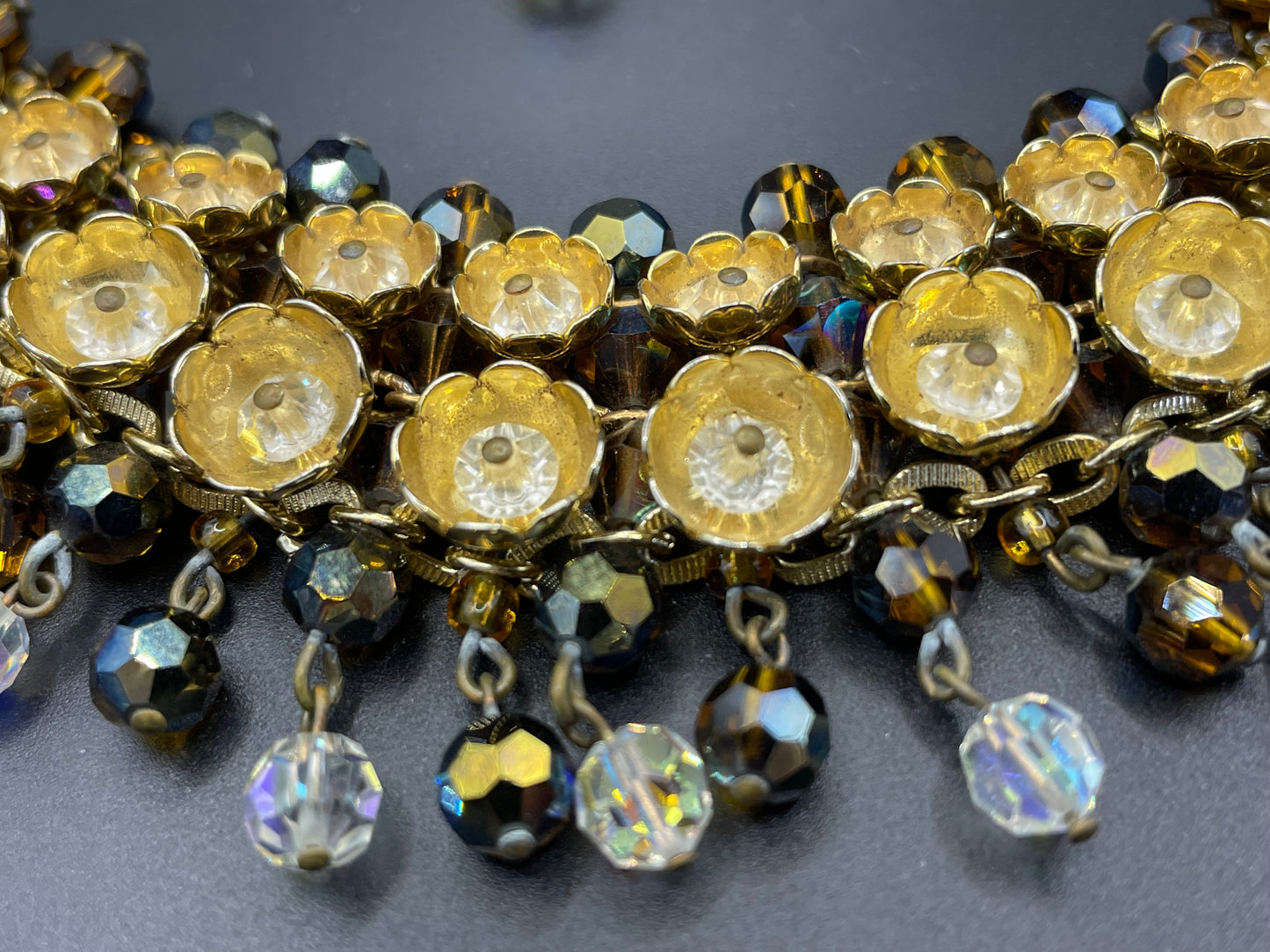 Vintage Francoise Montague necklace & earrings set demi-parure, unusual gold tone cup beads with crystals, clear and brown glass fringes