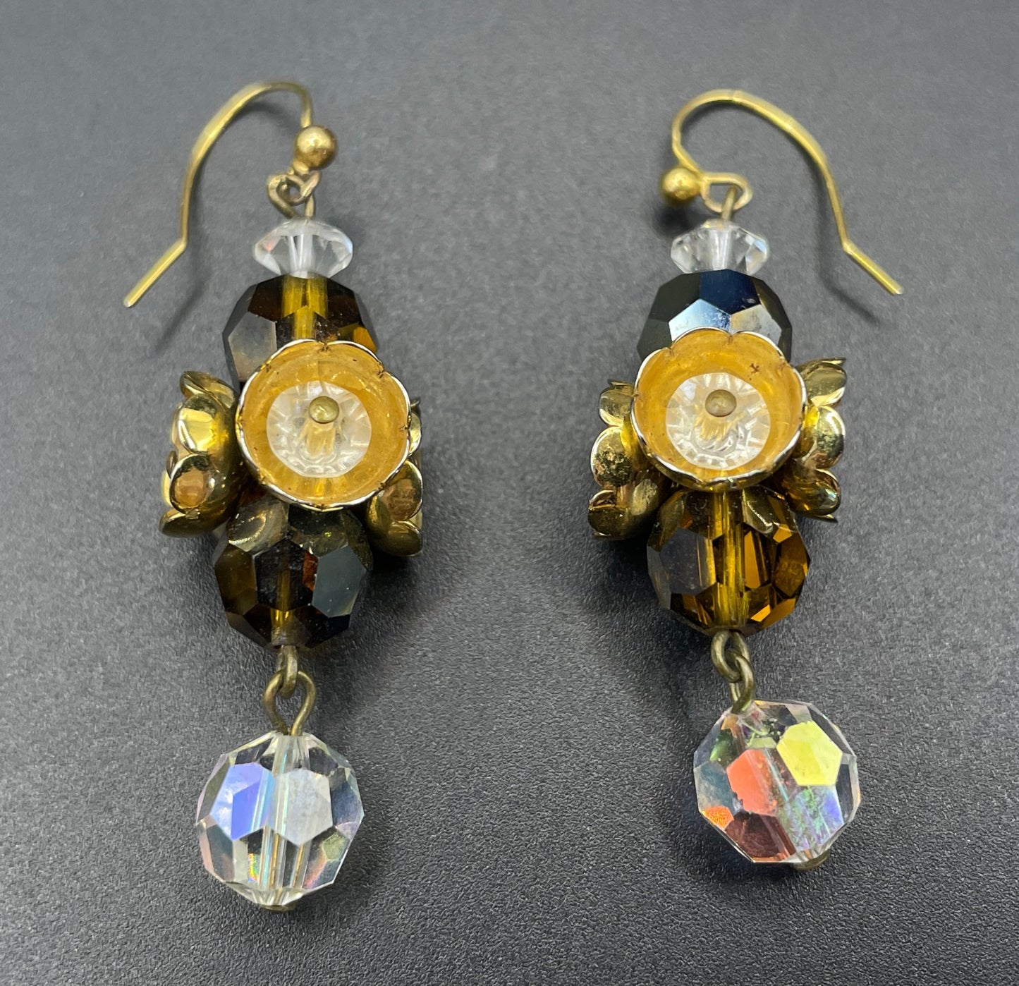 Vintage Francoise Montague necklace & earrings set demi-parure, unusual gold tone cup beads with crystals, clear and brown glass fringes