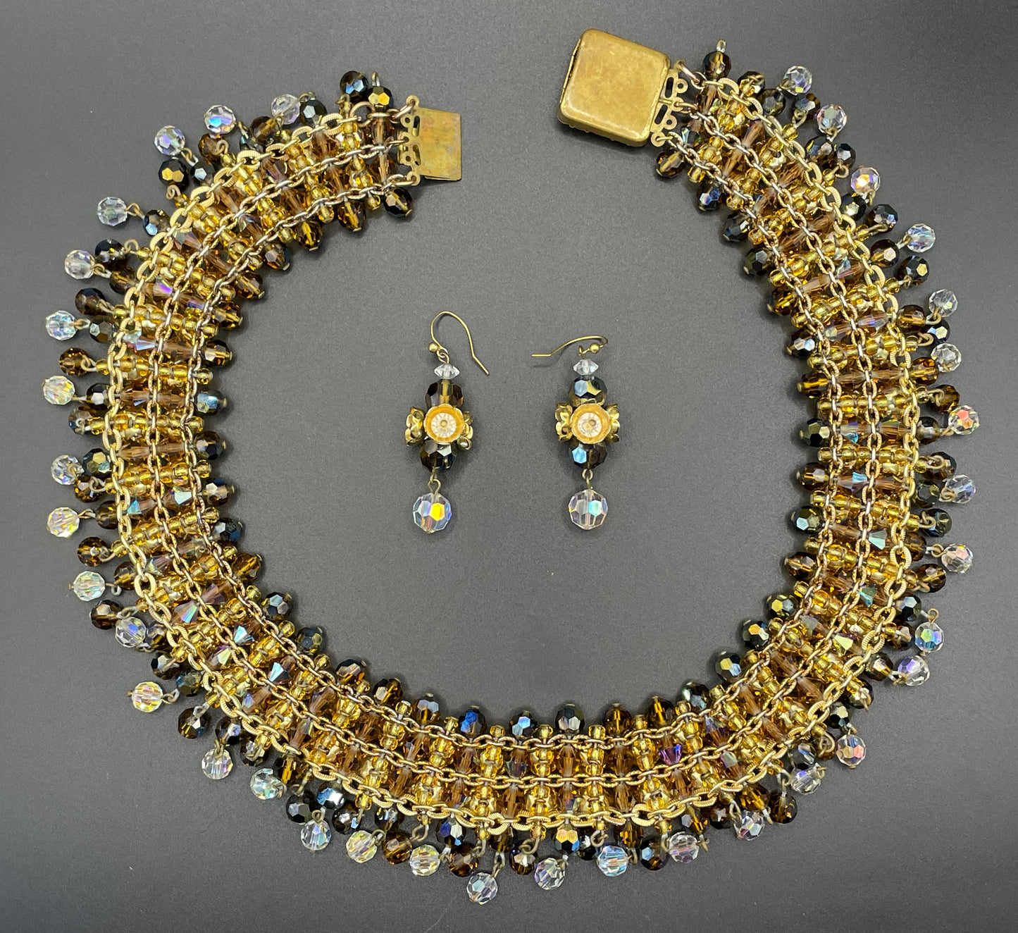 Vintage Francoise Montague necklace & earrings set demi-parure, unusual gold tone cup beads with crystals, clear and brown glass fringes