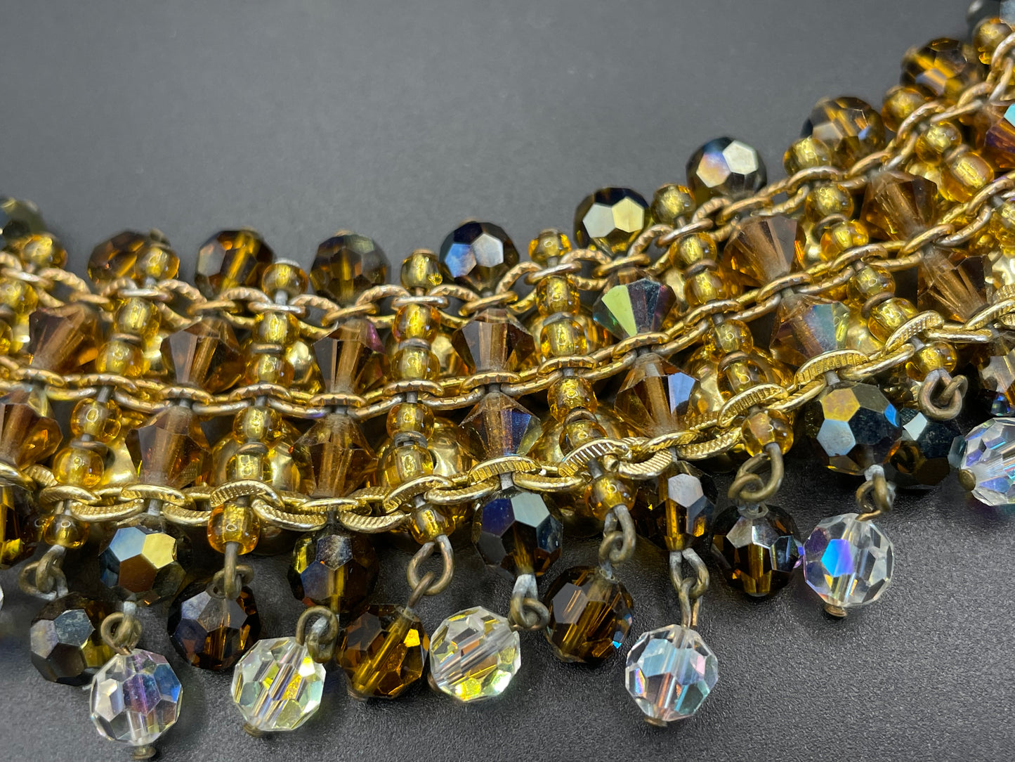 Vintage Francoise Montague necklace & earrings set demi-parure, unusual gold tone cup beads with crystals, clear and brown glass fringes