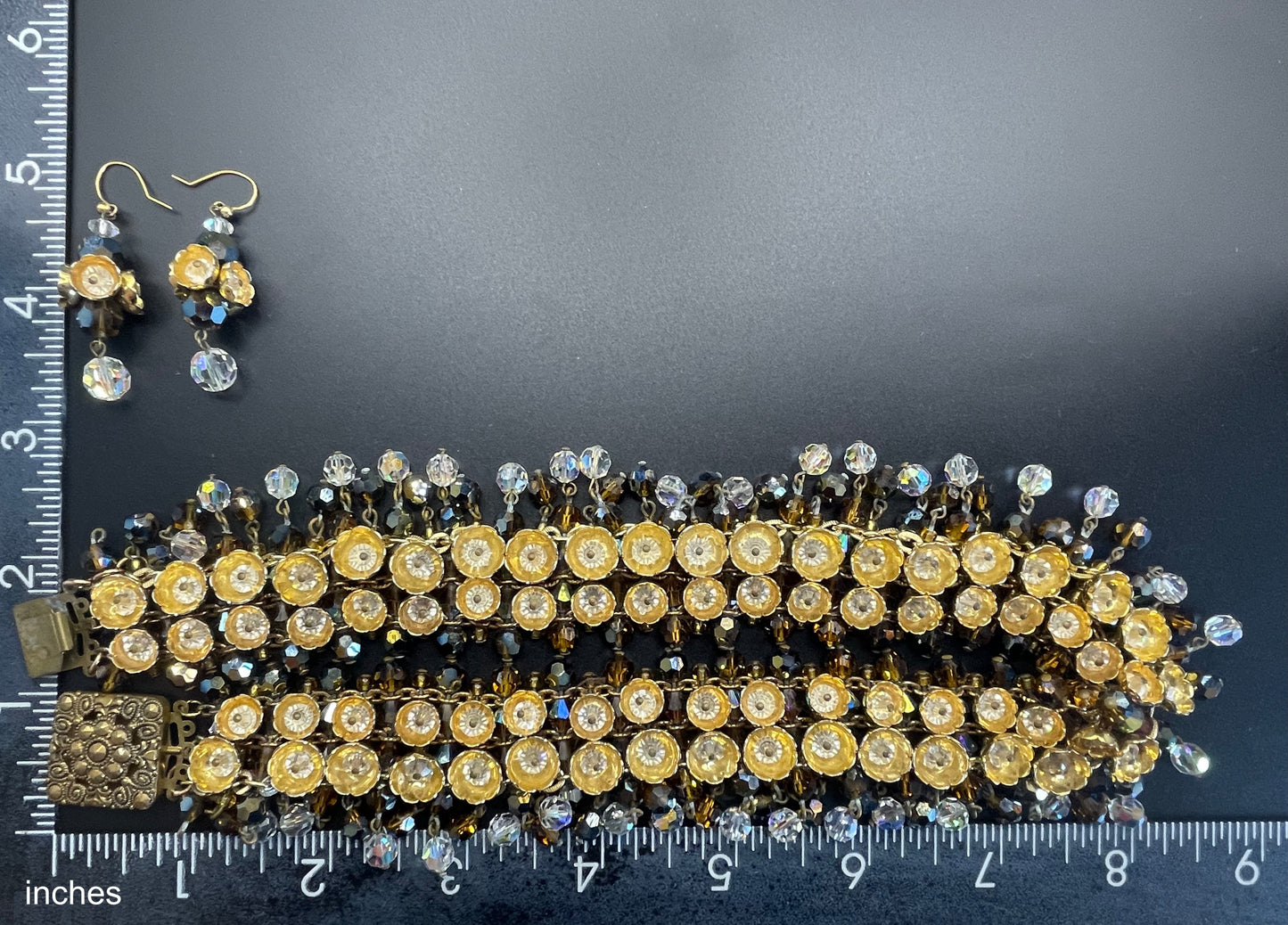 Vintage Francoise Montague necklace & earrings set demi-parure, unusual gold tone cup beads with crystals, clear and brown glass fringes
