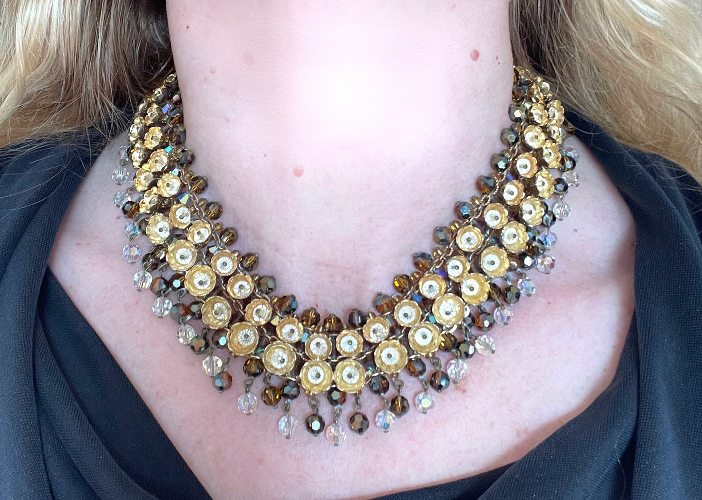 Vintage Francoise Montague necklace & earrings set demi-parure, unusual gold tone cup beads with crystals, clear and brown glass fringes