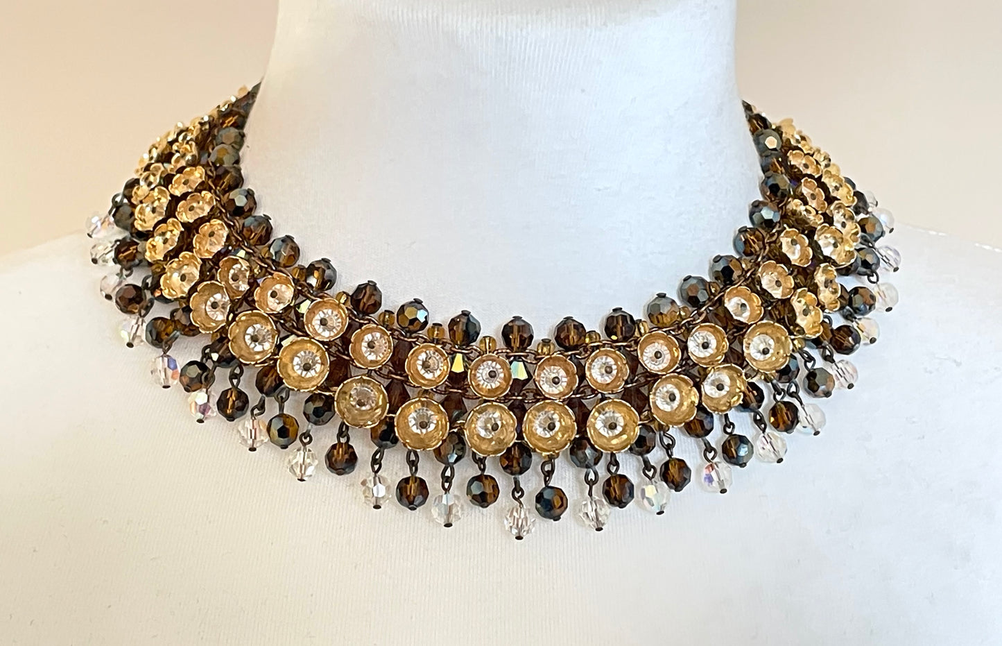 Vintage Francoise Montague necklace & earrings set demi-parure, unusual gold tone cup beads with crystals, clear and brown glass fringes