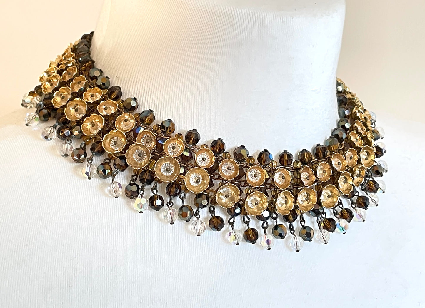 Vintage Francoise Montague necklace & earrings set demi-parure, unusual gold tone cup beads with crystals, clear and brown glass fringes