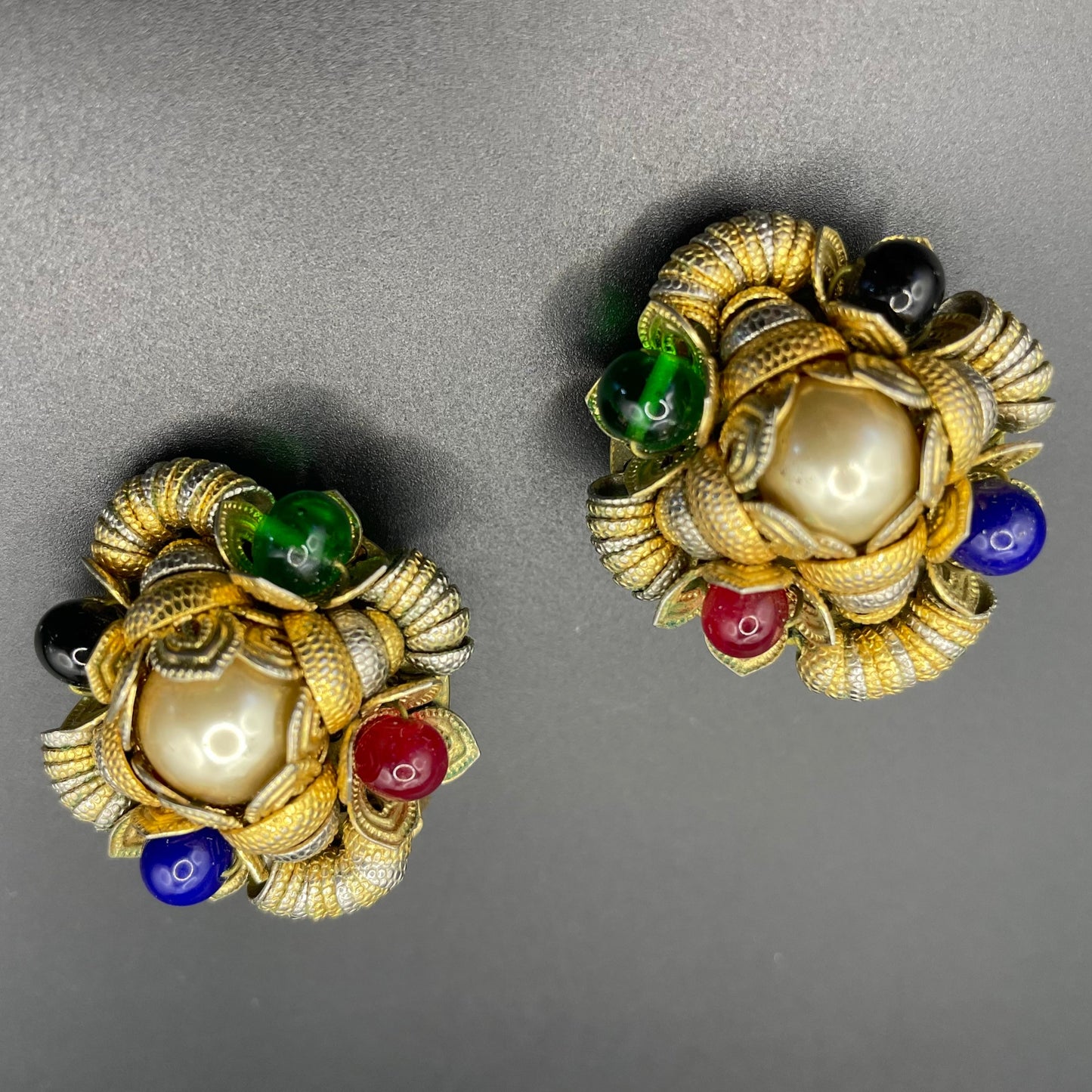 Vintage Francoise Montague clip-on earrings, characteristic stacked gold & silver tone cups with glass faux pearls and colourful glass beads