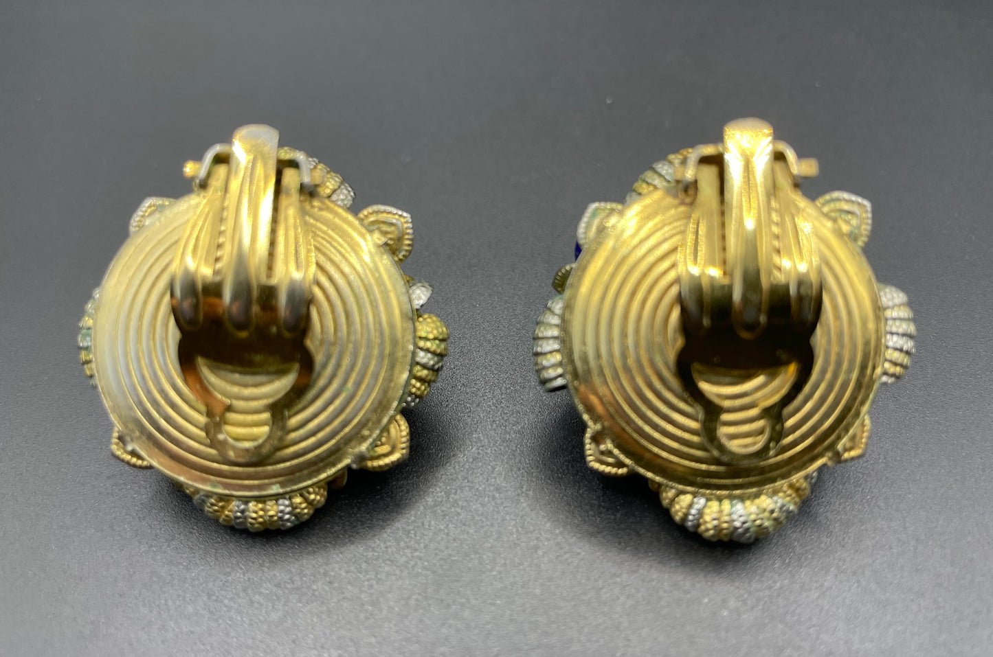 Vintage Francoise Montague clip-on earrings, characteristic stacked gold & silver tone cups with glass faux pearls and colourful glass beads