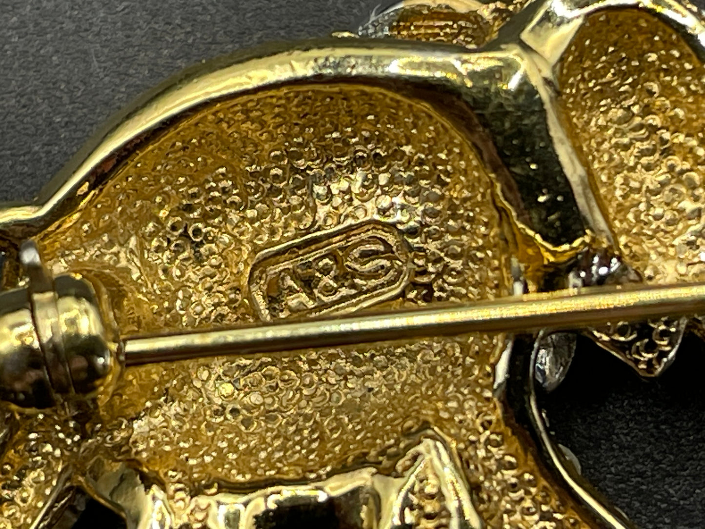 Vintage signed Attwood and Sawyer A&S 22ct gold plated and rhinestone elephant brooch, so adorable