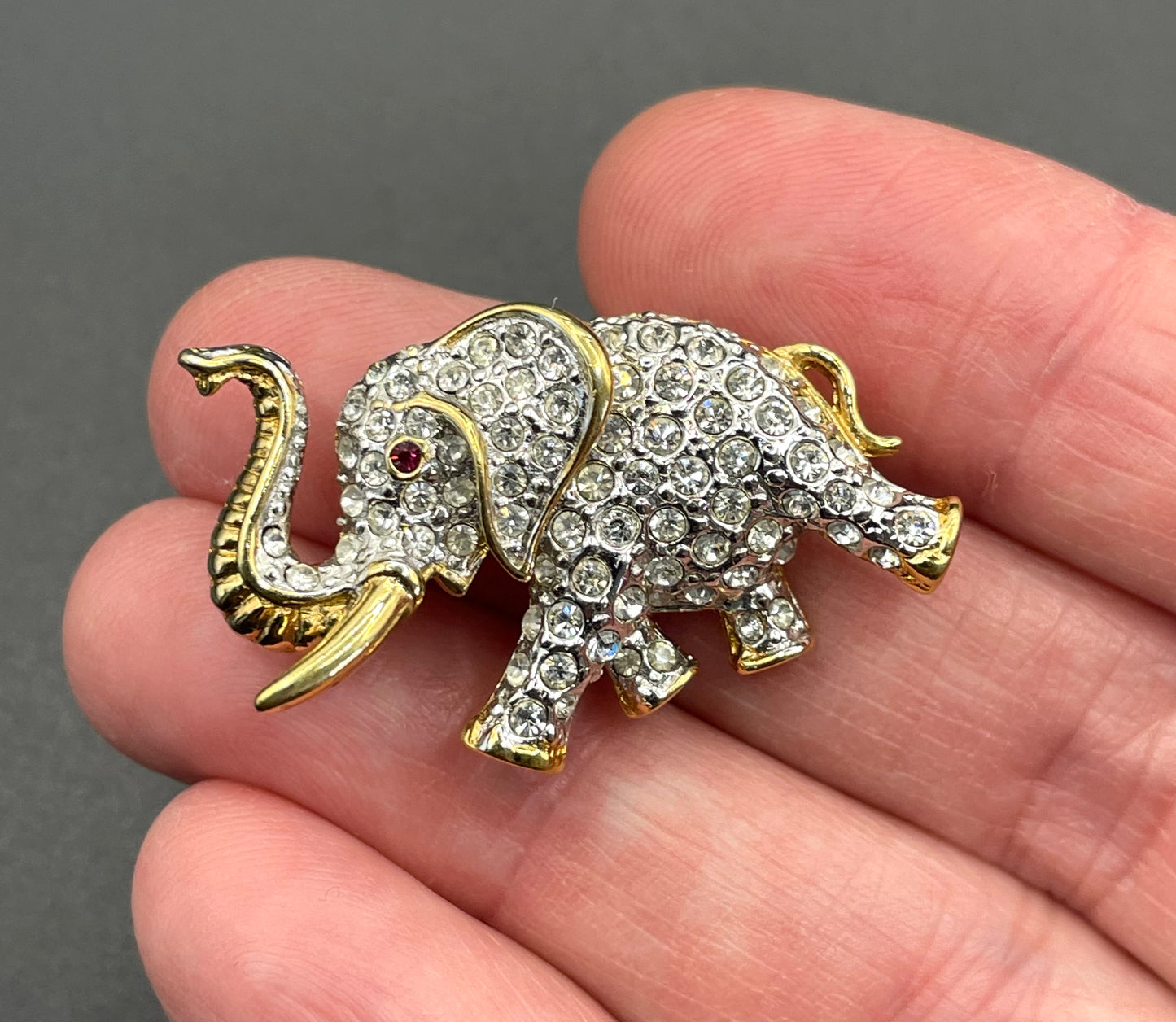 Vintage signed Attwood and Sawyer A&S 22ct gold plated and rhinestone elephant brooch, so adorable