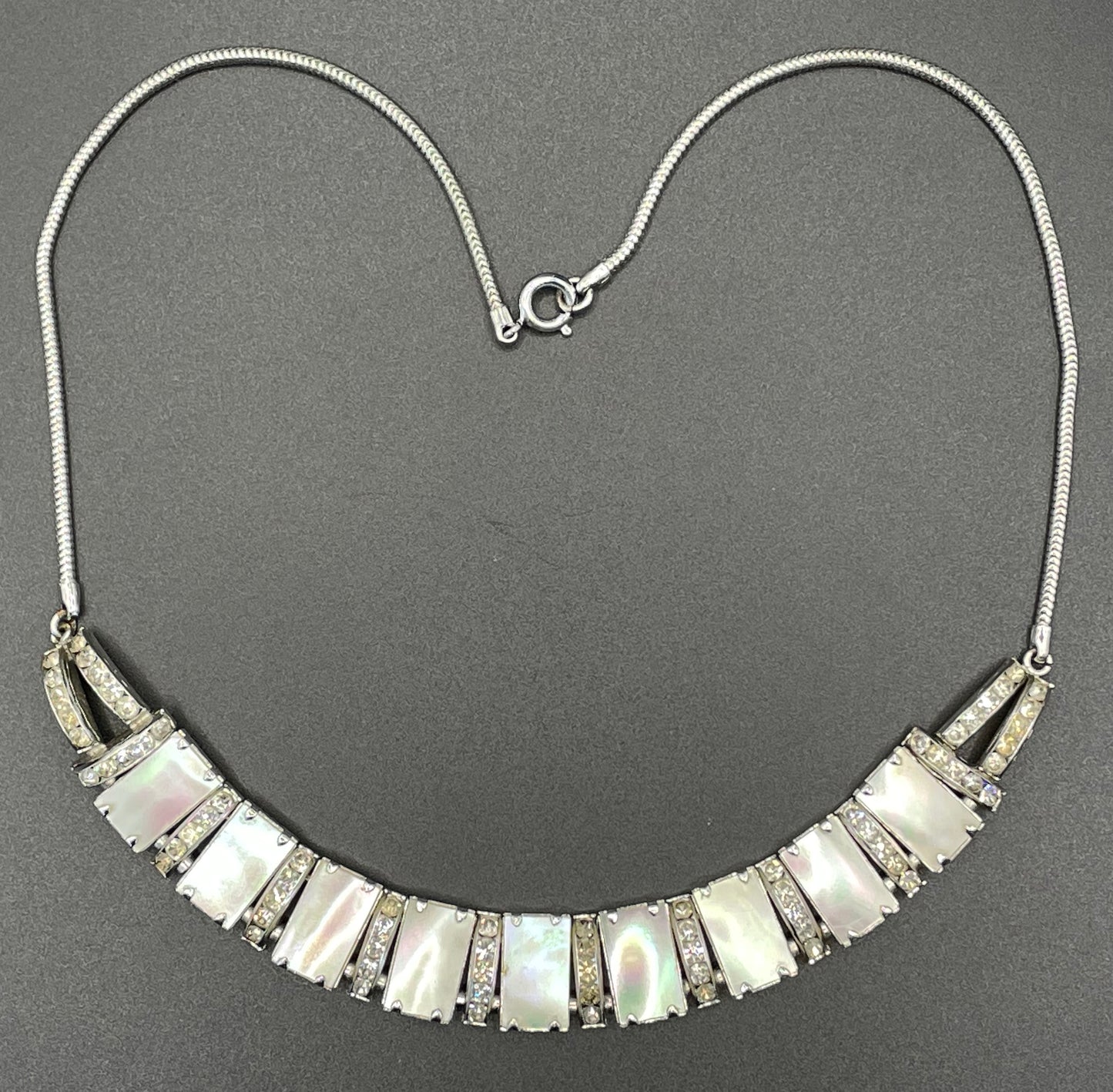 Vintage unsigned Esha Randel / Schreiber & Hiller Art Deco paste rhinestone and mother of pearl silver tone machine age necklace