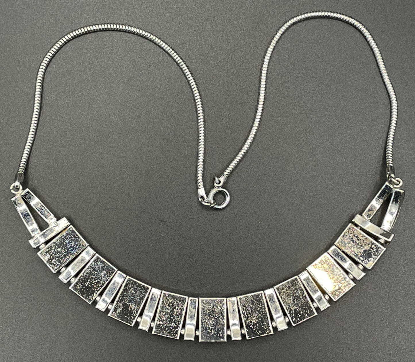 Vintage unsigned Esha Randel / Schreiber & Hiller Art Deco paste rhinestone and mother of pearl silver tone machine age necklace