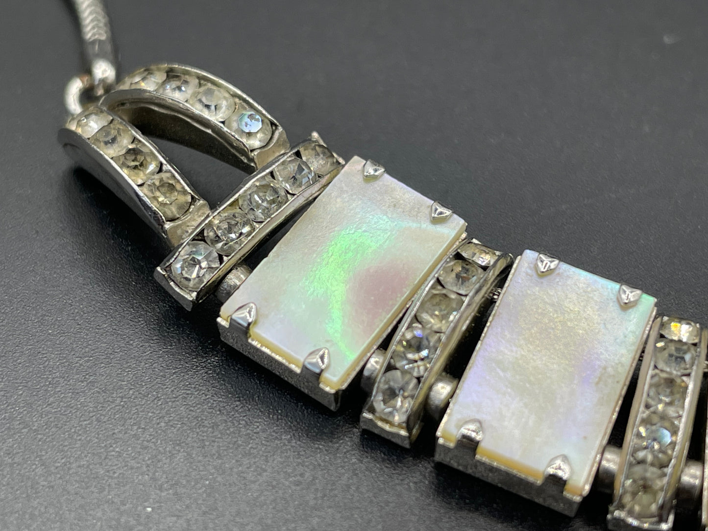 Vintage unsigned Esha Randel / Schreiber & Hiller Art Deco paste rhinestone and mother of pearl silver tone machine age necklace