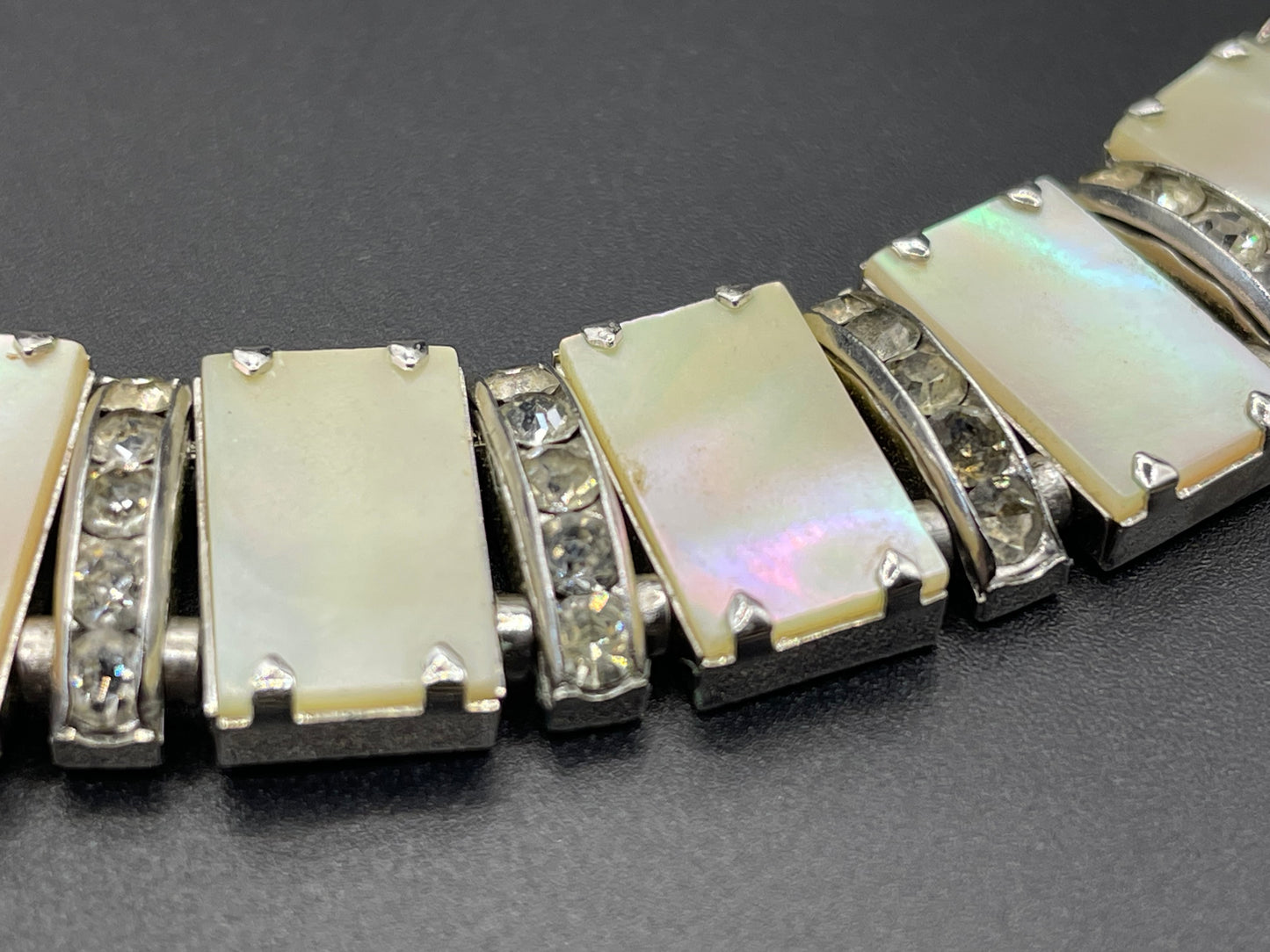 Vintage unsigned Esha Randel / Schreiber & Hiller Art Deco paste rhinestone and mother of pearl silver tone machine age necklace