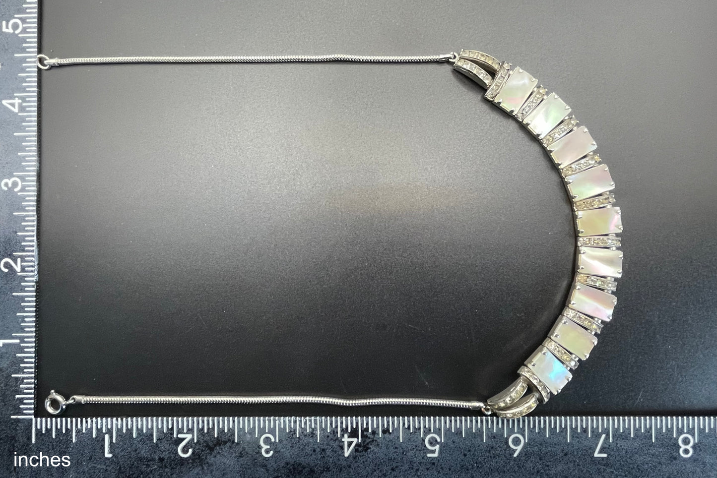 Vintage unsigned Esha Randel / Schreiber & Hiller Art Deco paste rhinestone and mother of pearl silver tone machine age necklace
