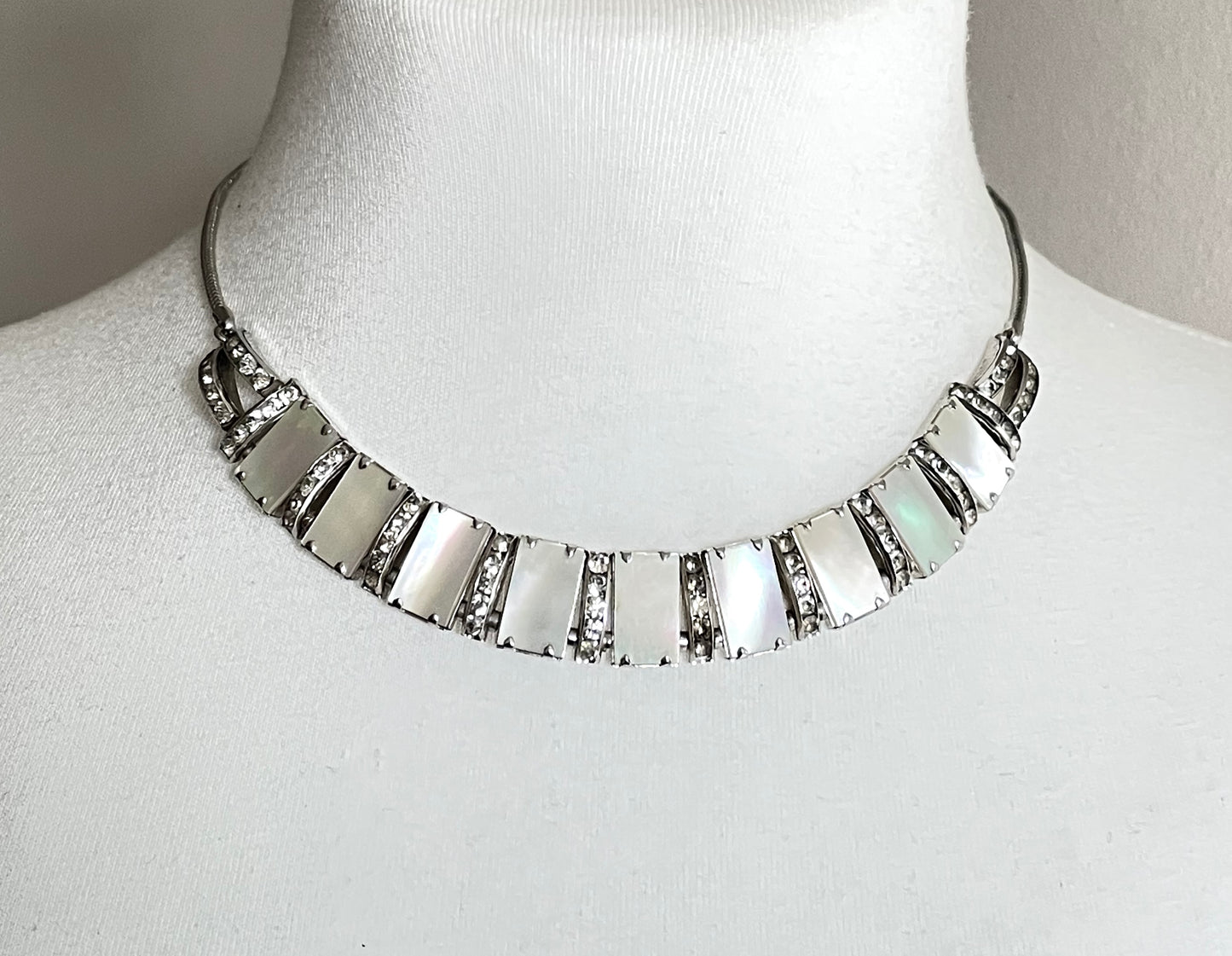 Vintage unsigned Esha Randel / Schreiber & Hiller Art Deco paste rhinestone and mother of pearl silver tone machine age necklace