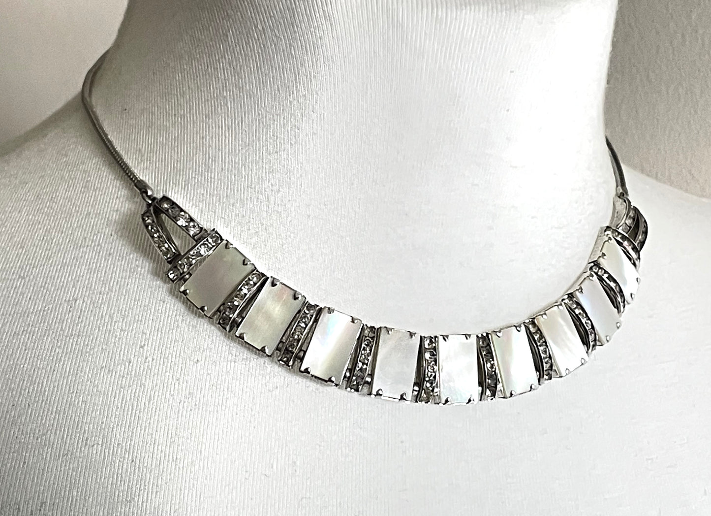 Vintage unsigned Esha Randel / Schreiber & Hiller Art Deco paste rhinestone and mother of pearl silver tone machine age necklace