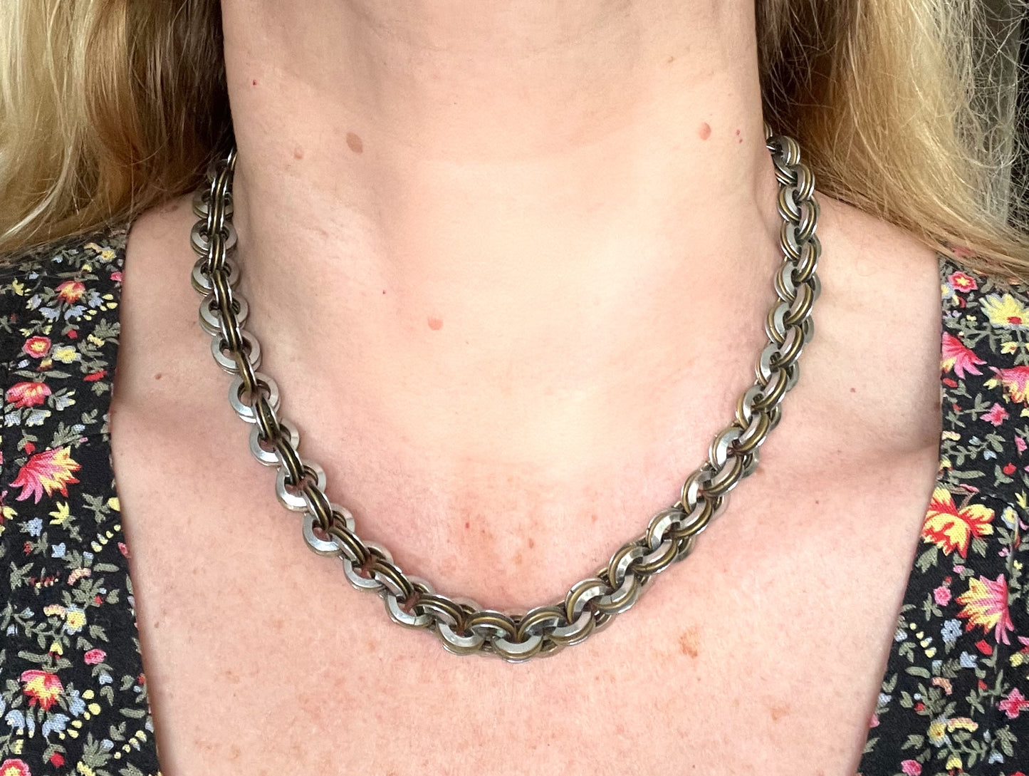 Vintage Jakob Bengel Art Deco 1930s machine age necklace with chrome and brass interlocking rings, heavy piece