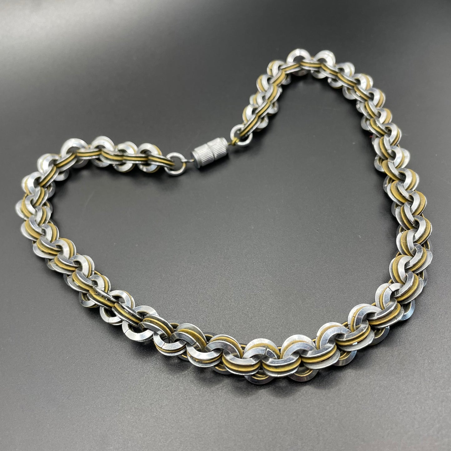 Vintage Jakob Bengel Art Deco 1930s machine age necklace with chrome and brass interlocking rings, heavy piece