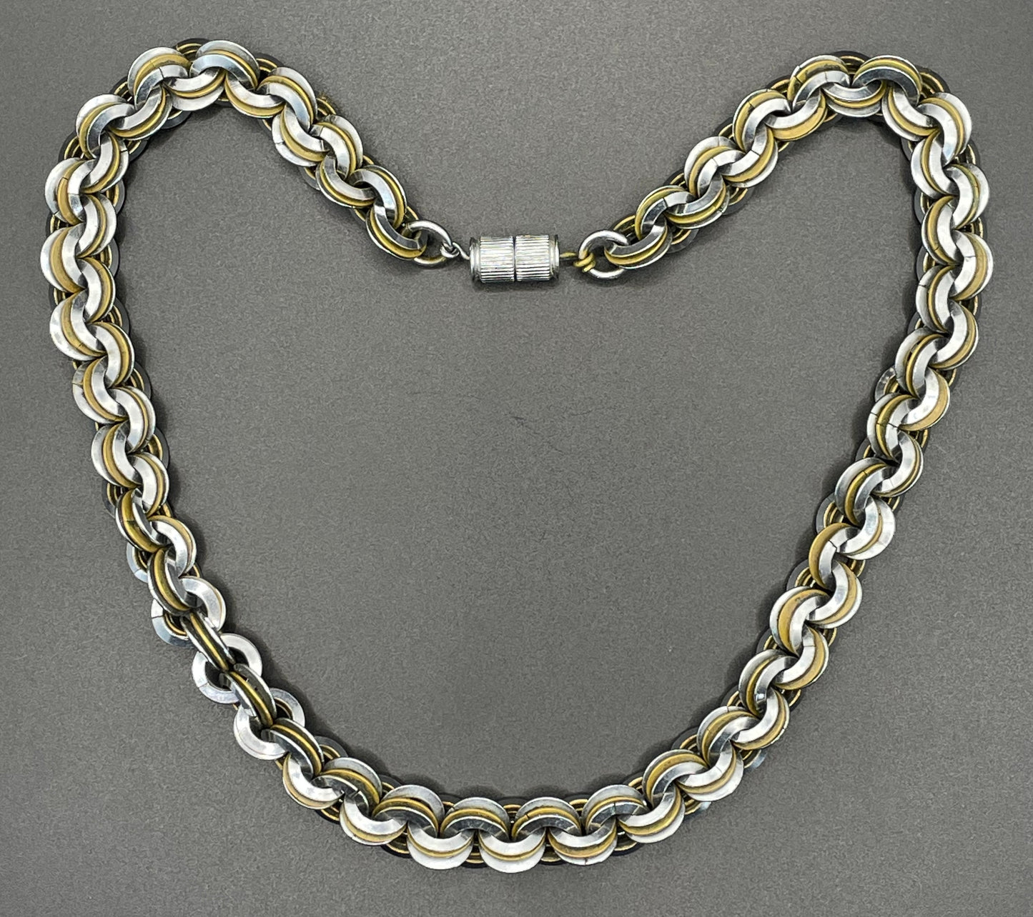 Vintage Jakob Bengel Art Deco 1930s machine age necklace with chrome and brass interlocking rings, heavy piece