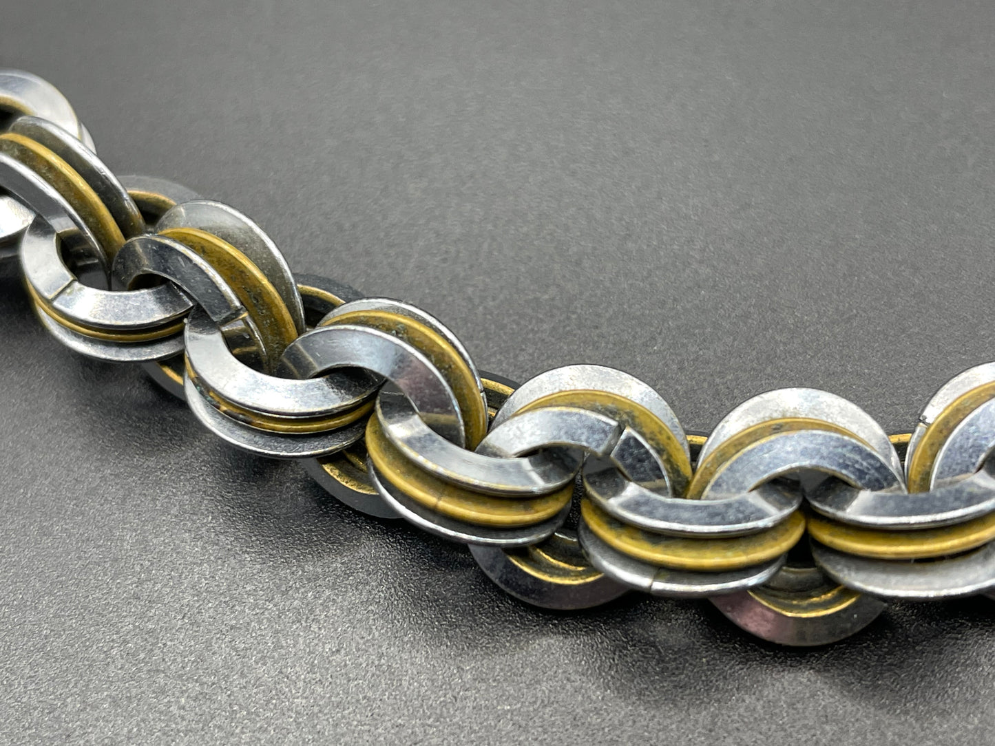Vintage Jakob Bengel Art Deco 1930s machine age necklace with chrome and brass interlocking rings, heavy piece