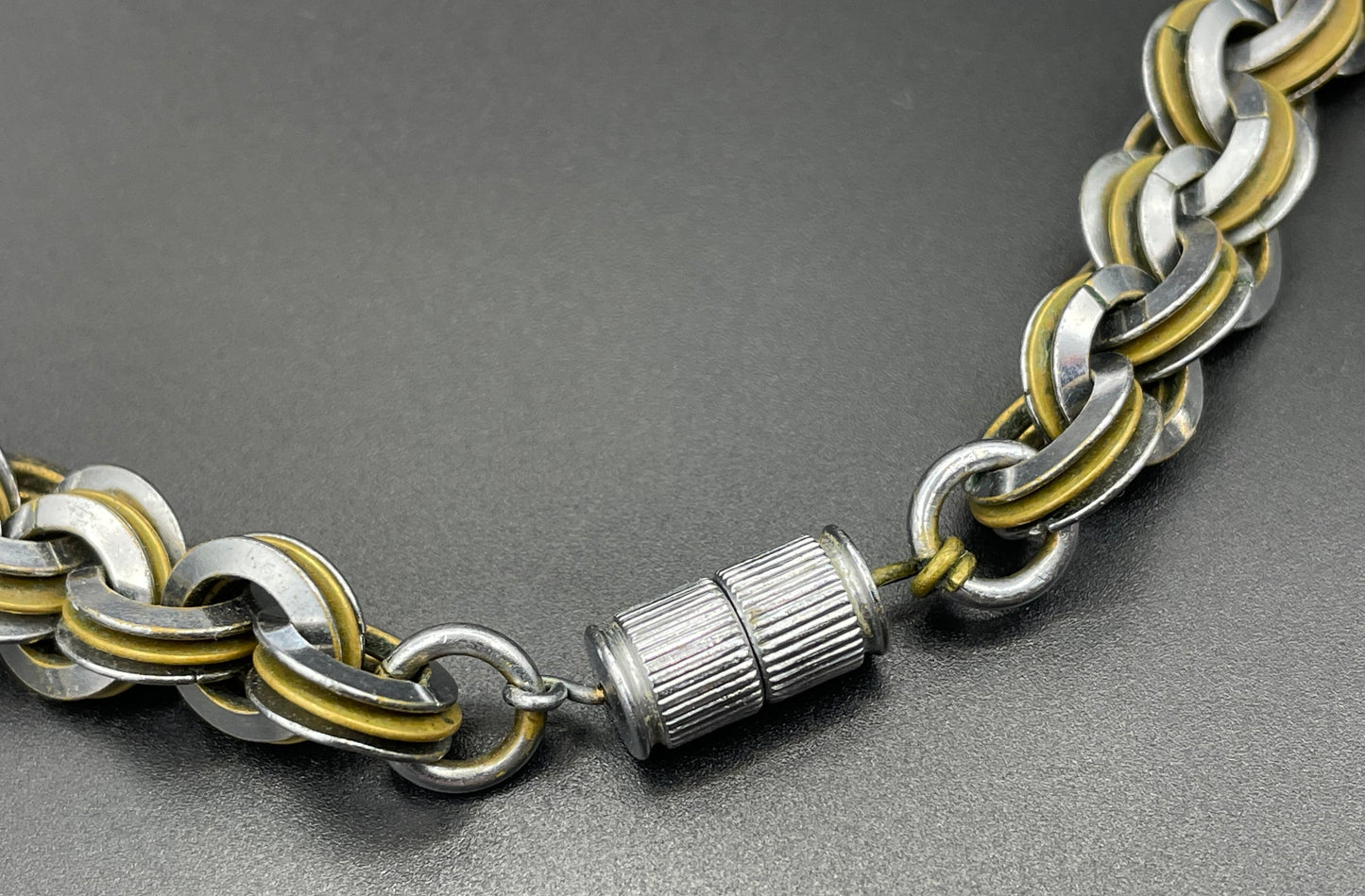Vintage Jakob Bengel Art Deco 1930s machine age necklace with chrome and brass interlocking rings, heavy piece