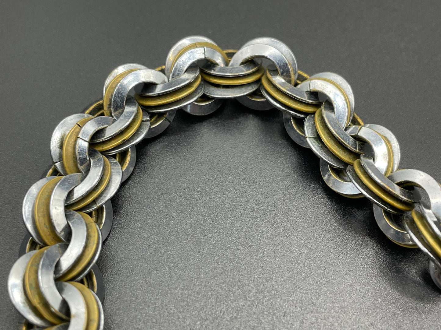 Vintage Jakob Bengel Art Deco 1930s machine age necklace with chrome and brass interlocking rings, heavy piece