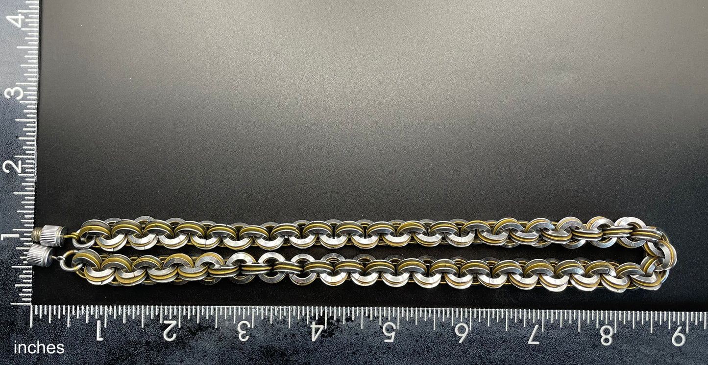 Vintage Jakob Bengel Art Deco 1930s machine age necklace with chrome and brass interlocking rings, heavy piece