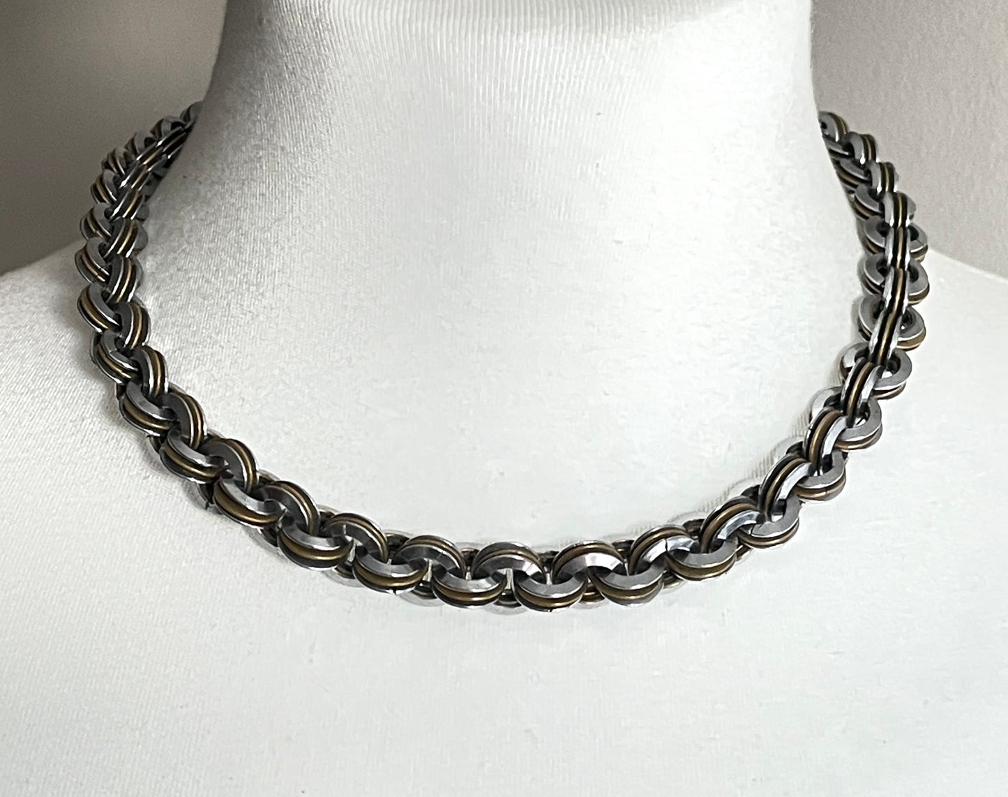 Vintage Jakob Bengel Art Deco 1930s machine age necklace with chrome and brass interlocking rings, heavy piece