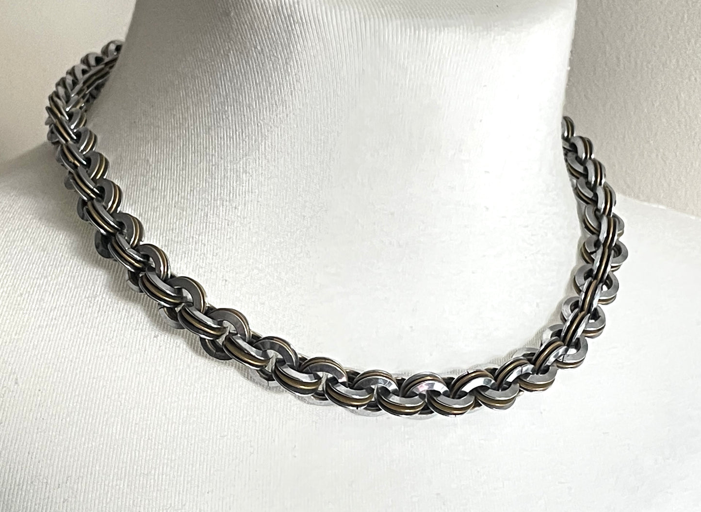 Vintage Jakob Bengel Art Deco 1930s machine age necklace with chrome and brass interlocking rings, heavy piece