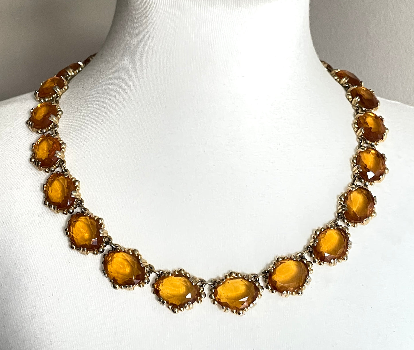 Vintage Sphinx orange citrine / topaz glass riviere necklace and bracelet set, heavy, bezel set, open-backed stones in ornate settings
