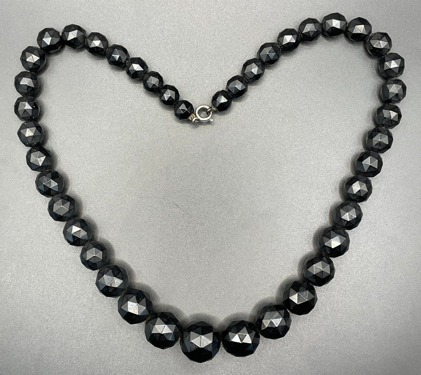 Antique Victorian Whitby jet graduated faceted bead choker necklace, lovely large sized graduated beads, sterling silver clasp