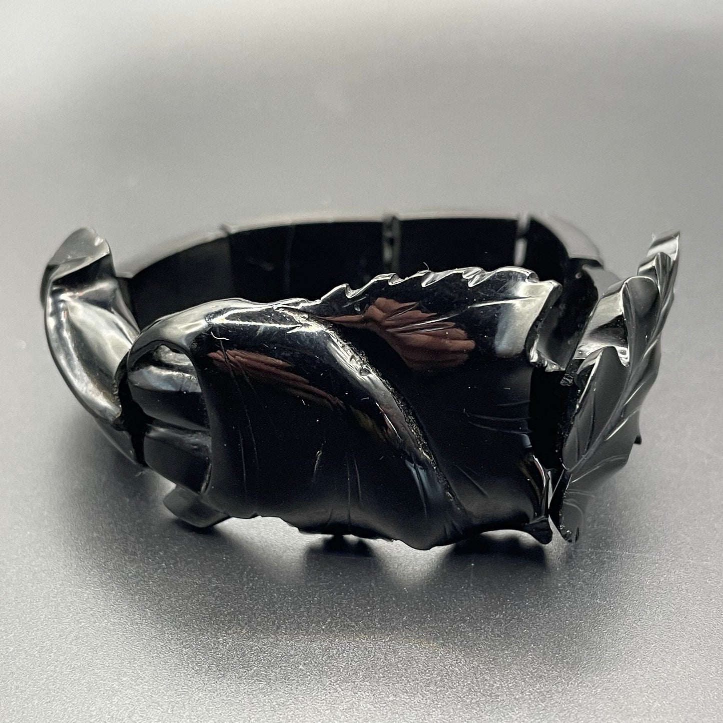 Antique Victorian Whitby jet hand carved chunky bead stretch bracelet, with beautiful leaf design carving