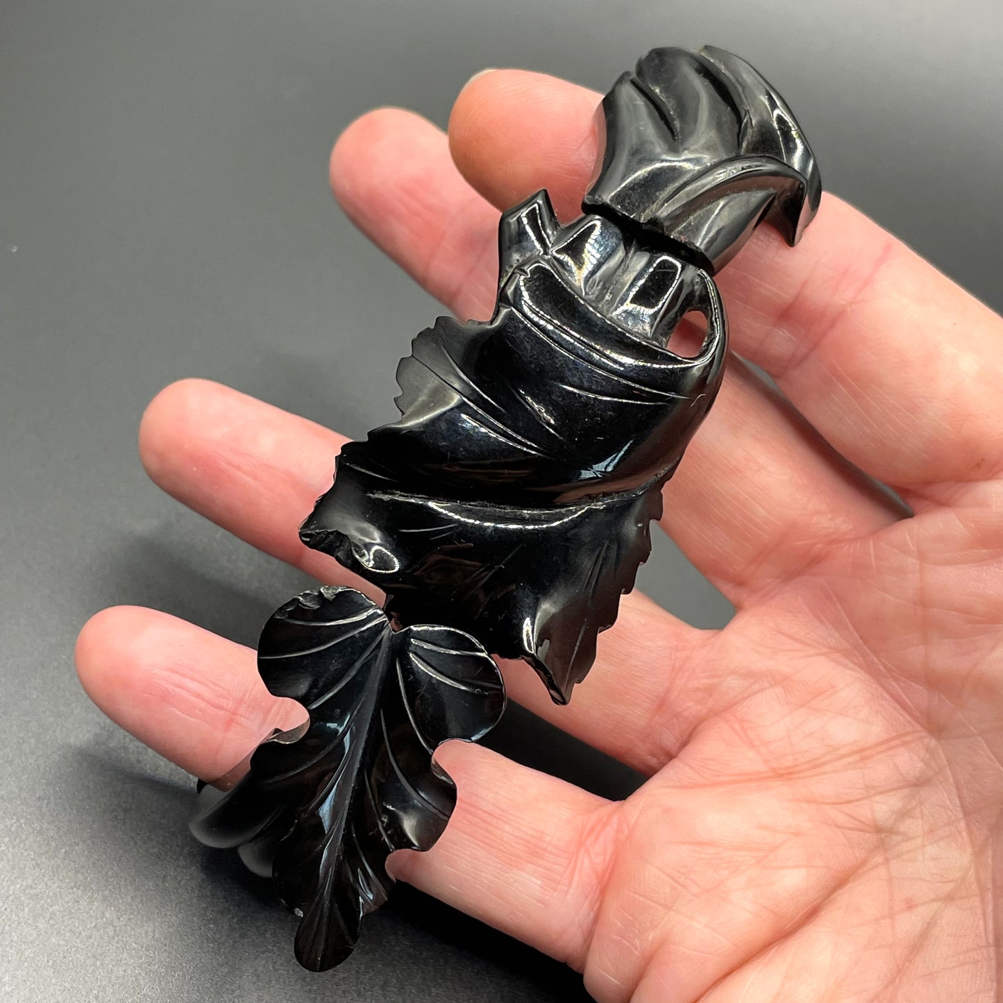 Antique Victorian Whitby jet hand carved chunky bead stretch bracelet, with beautiful leaf design carving