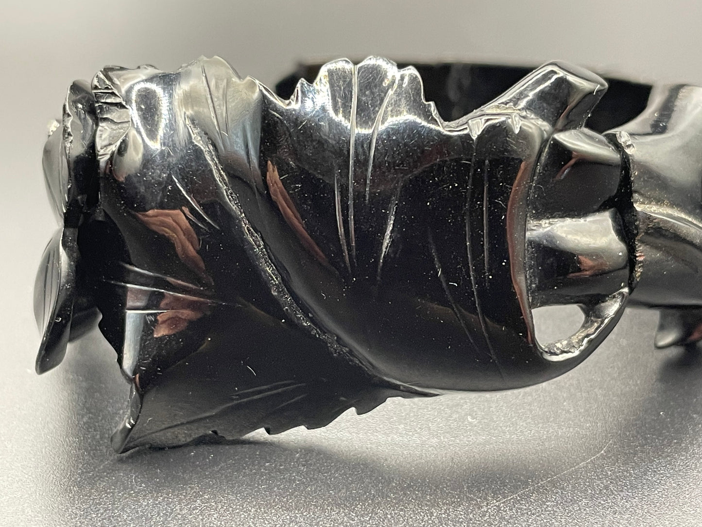 Antique Victorian Whitby jet hand carved chunky bead stretch bracelet, with beautiful leaf design carving