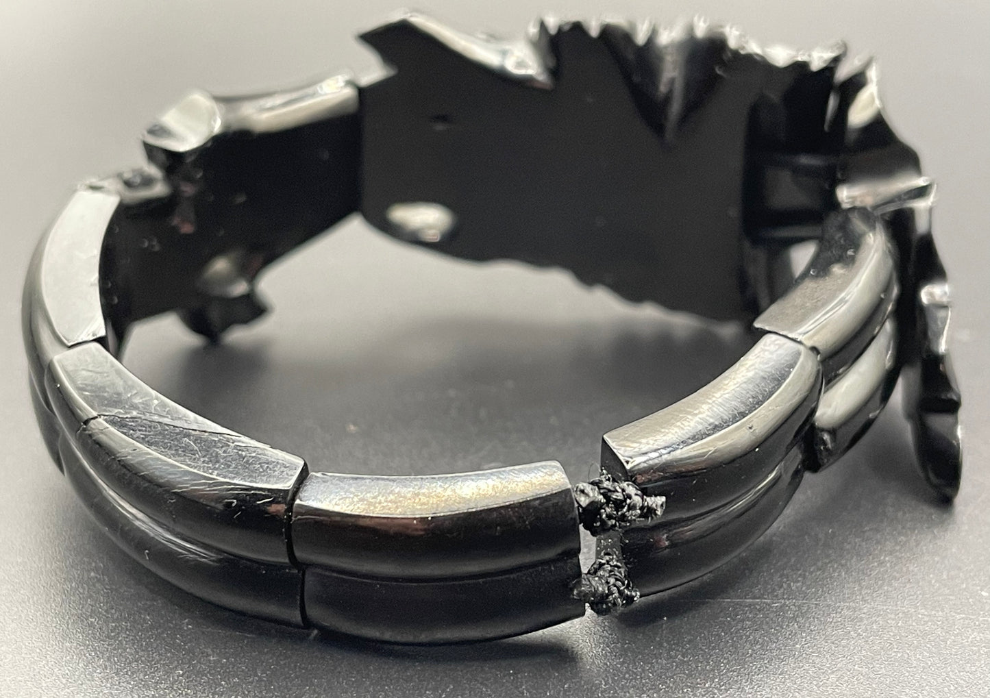 Antique Victorian Whitby jet hand carved chunky bead stretch bracelet, with beautiful leaf design carving