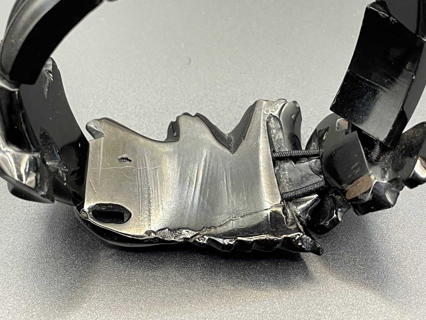 Antique Victorian Whitby jet hand carved chunky bead stretch bracelet, with beautiful leaf design carving