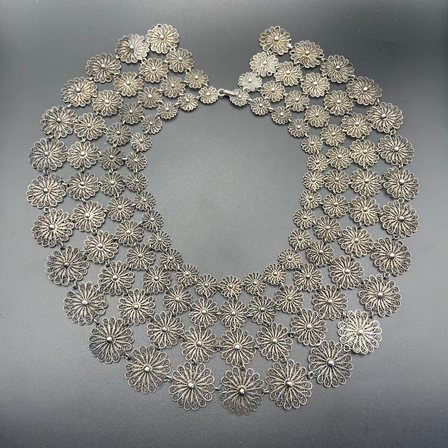 Huge antique silver (tested) filigree, four layer collar bib necklace, 97 grams