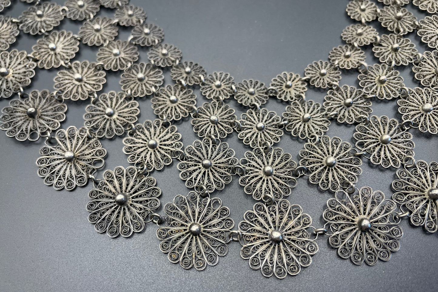 Huge antique silver (tested) filigree, four layer collar bib necklace, 97 grams