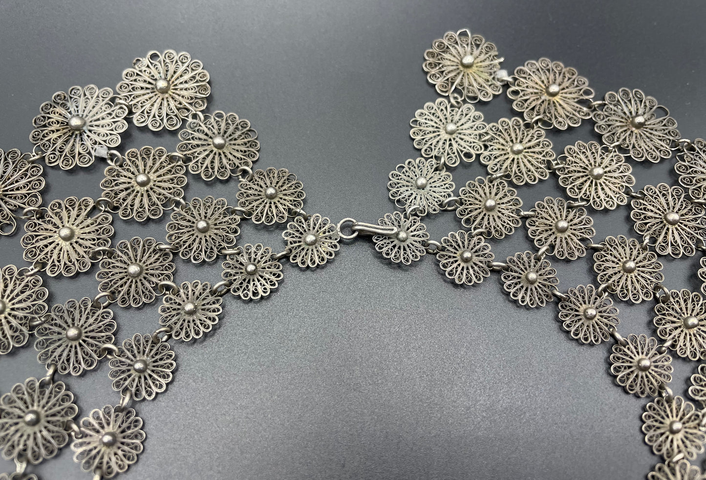Huge antique silver (tested) filigree, four layer collar bib necklace, 97 grams