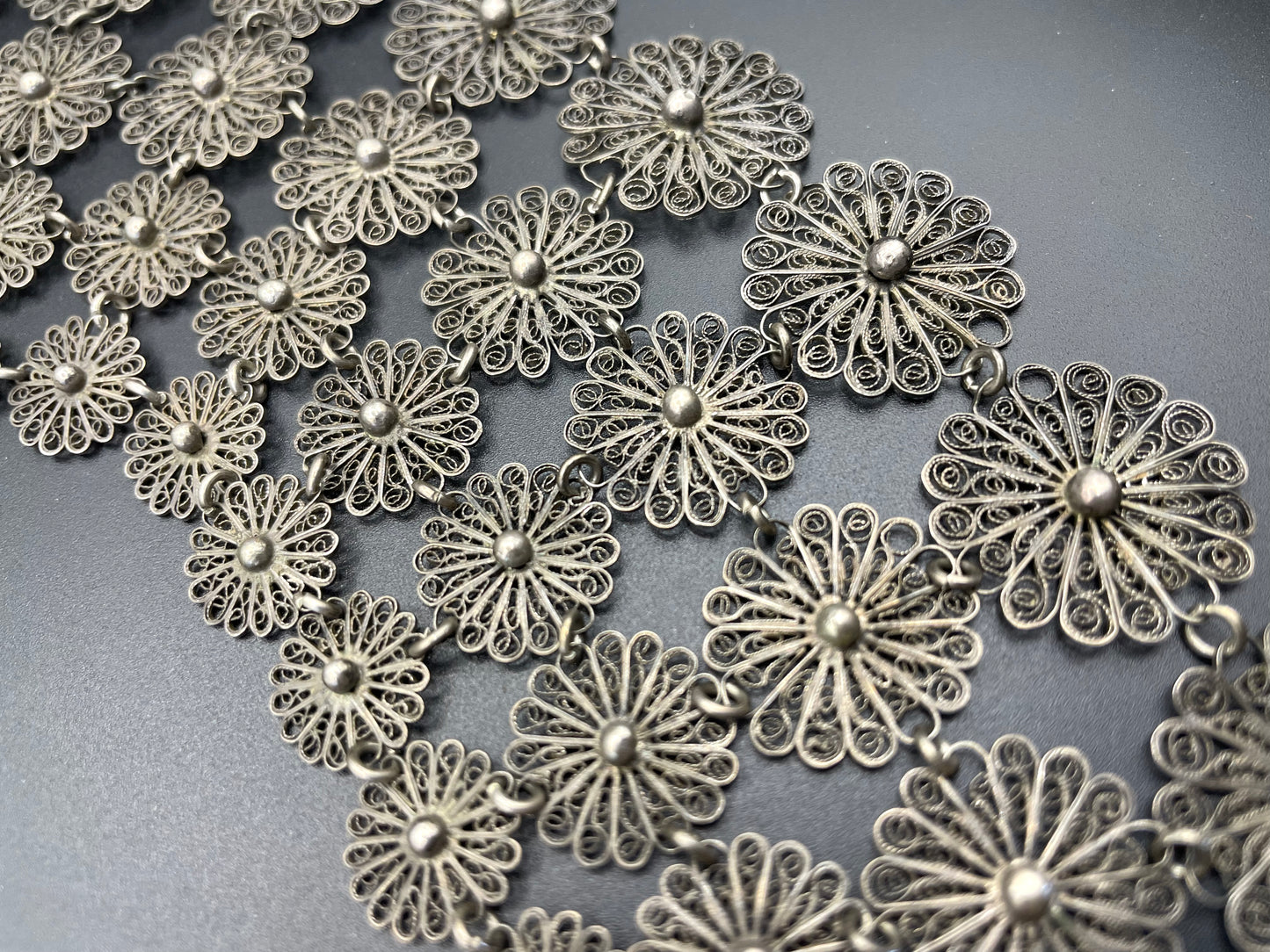 Huge antique silver (tested) filigree, four layer collar bib necklace, 97 grams