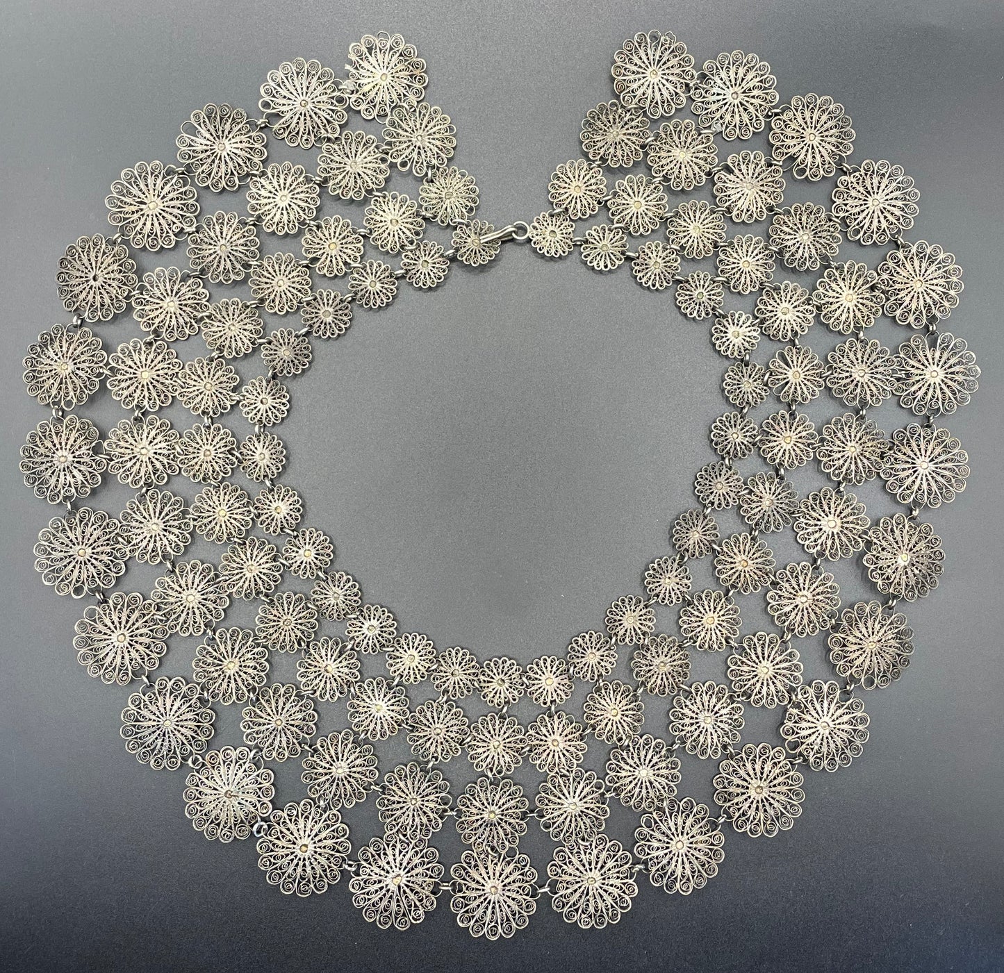 Huge antique silver (tested) filigree, four layer collar bib necklace, 97 grams