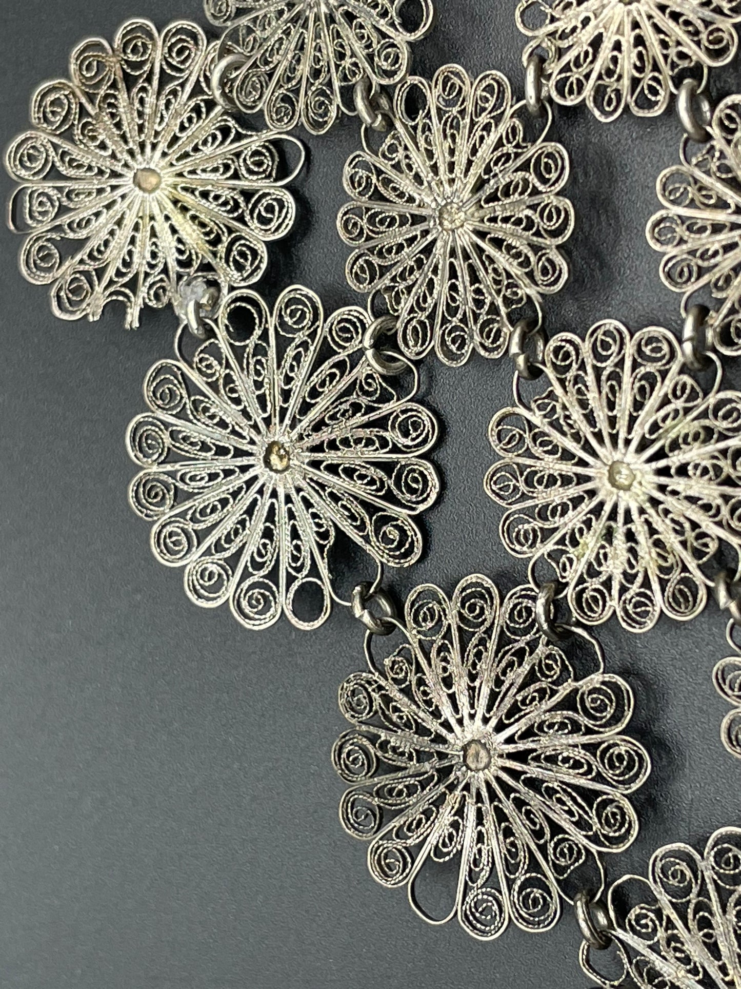 Huge antique silver (tested) filigree, four layer collar bib necklace, 97 grams