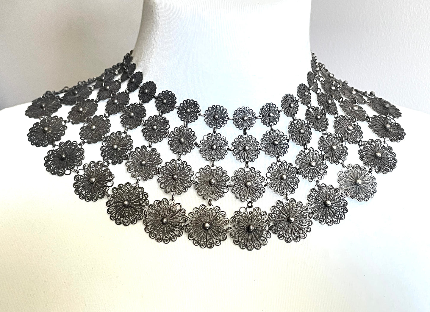Huge antique silver (tested) filigree, four layer collar bib necklace, 97 grams