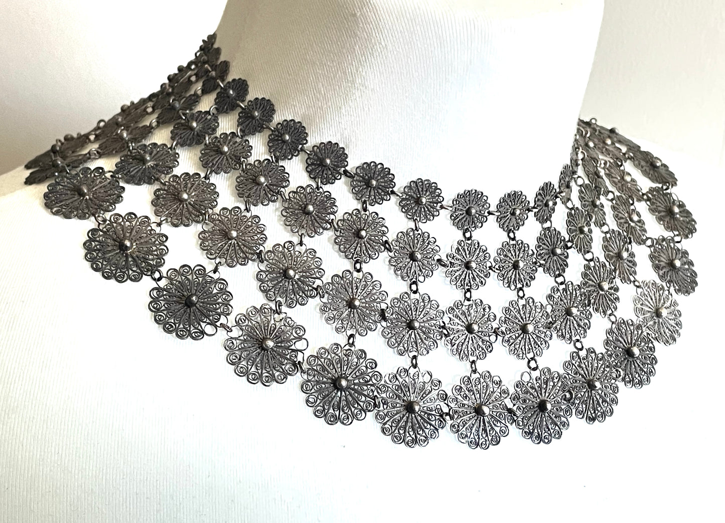 Huge antique silver (tested) filigree, four layer collar bib necklace, 97 grams