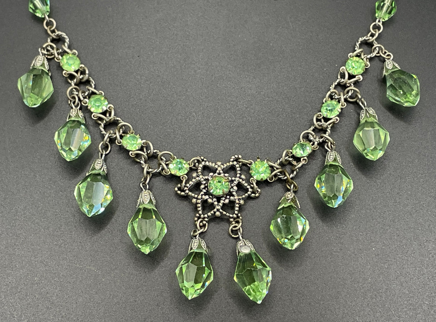 Vintage uranium glass drop and green faceted crystal Art Deco fringe necklace - fabulous beads that glow under UV light