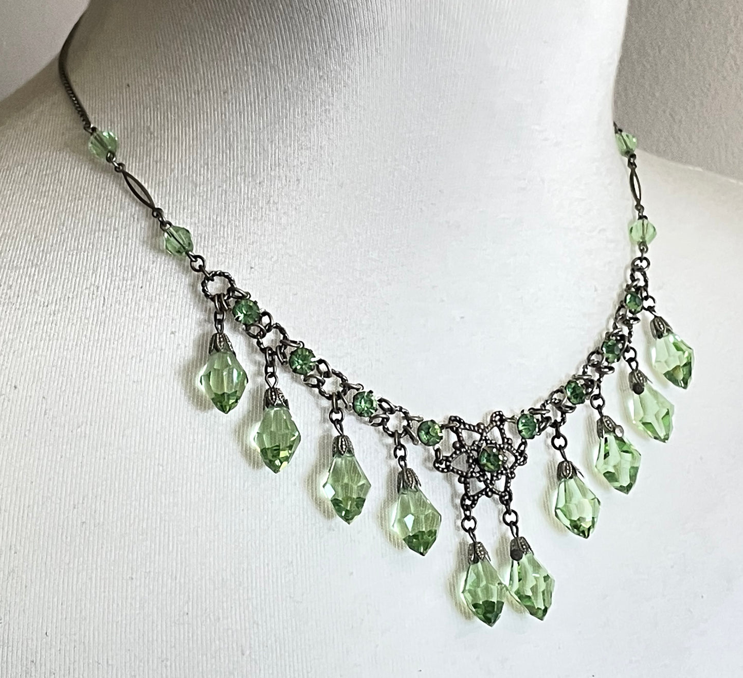 Vintage uranium glass drop and green faceted crystal Art Deco fringe necklace - fabulous beads that glow under UV light