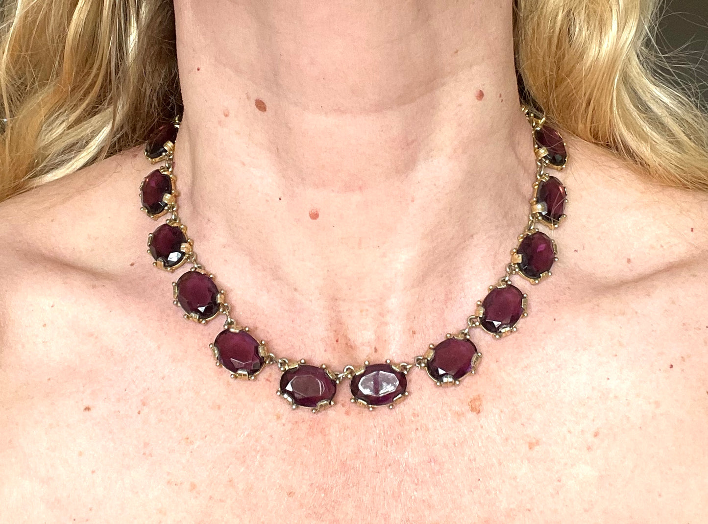 Vintage Sphinx amethyst purple glass riviere necklace, heavy, bezel set, open-backed stones in ornate gold tone settings