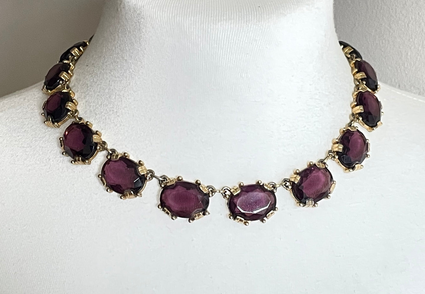 Vintage Sphinx amethyst purple glass riviere necklace, heavy, bezel set, open-backed stones in ornate gold tone settings